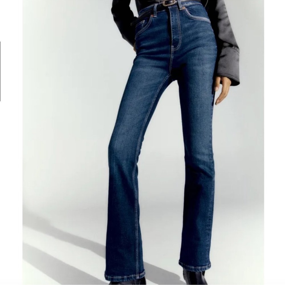 Zara Full Length Flare Jeans - Navy Blue